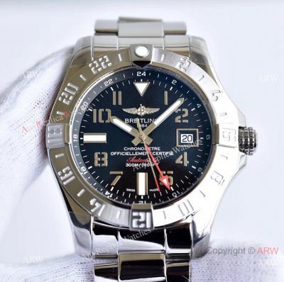 GF Factory Breitling Avenger II GMT Black Arabic Dial Stainless Steel Watch Swiss Grade Replica